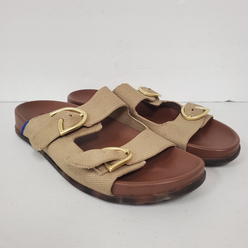 Rothys The Buckle Slide Sandals Size 9 Dune Tan Comfort Double Strap Beach